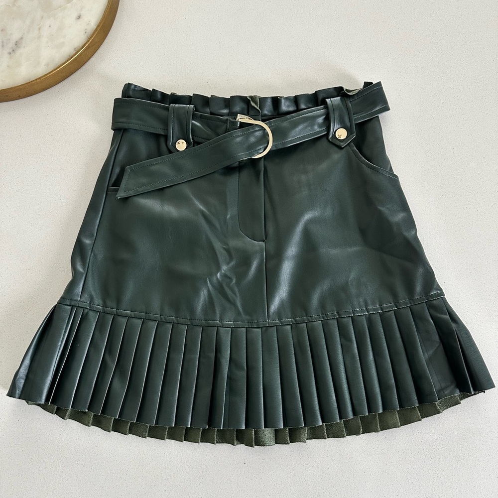 Zara Green Leather Pleated Skirt